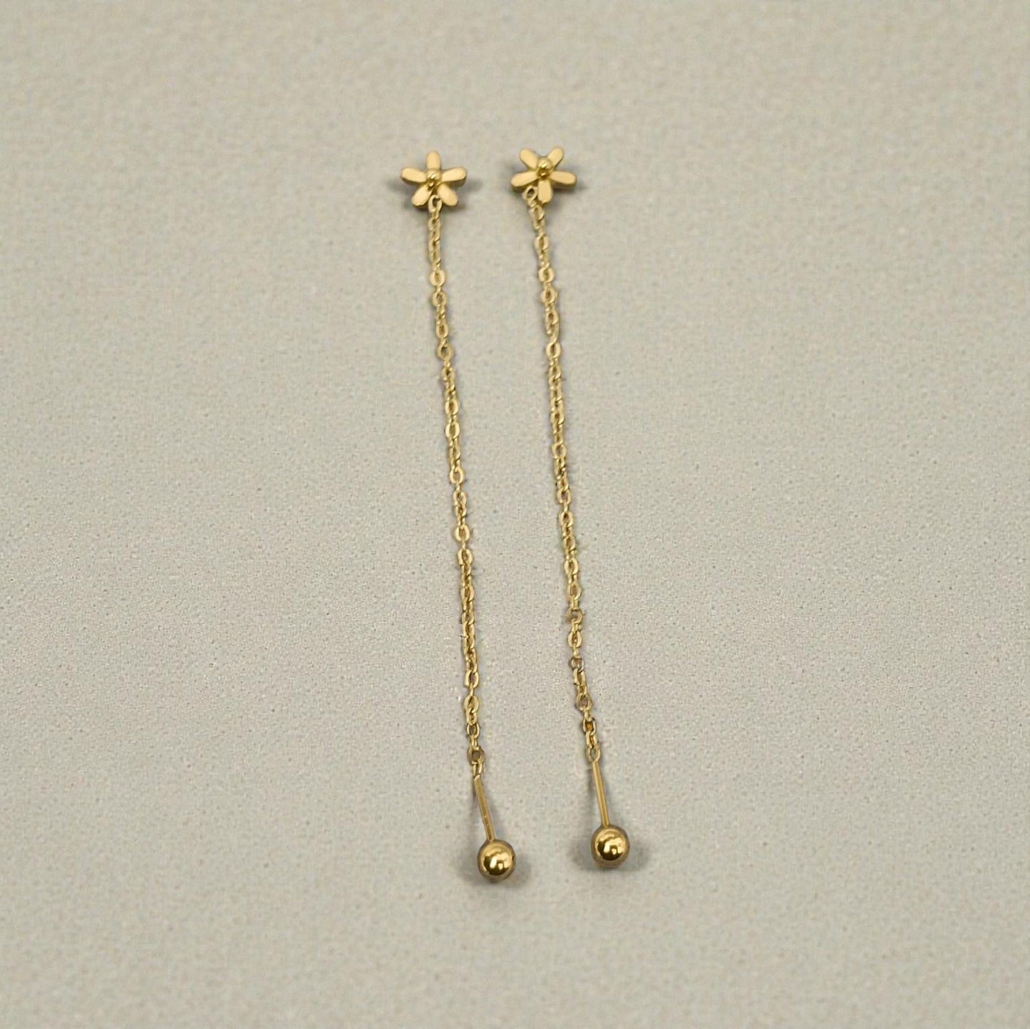 Pendientes largos de Flor (7cm) - Acero Inoxidable Bañado en Oro 18K con Cierre de Bola de Rosca para ella