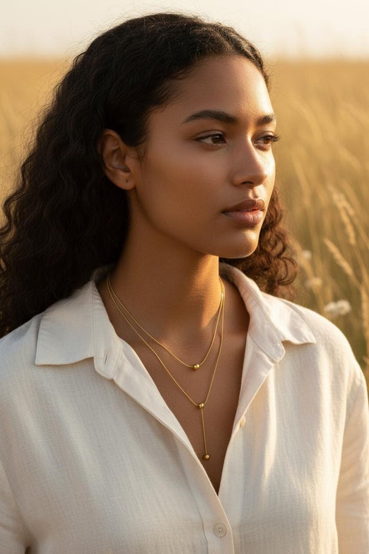 Collar Doble Capa en Y con Esferas Lisas - Acero Inoxidable Chapado en Oro 18K PVD para ella