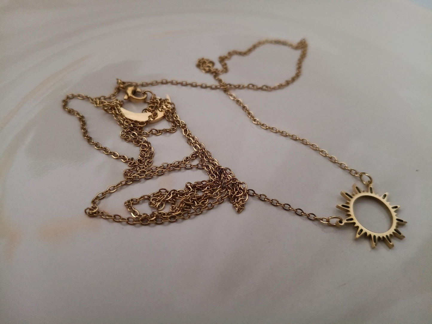 Collar Doble Capa Acero Inoxidable Oro 18K - colgantes Sol y Luna Efecto Espejo - 50cm + Ext (20"+2")