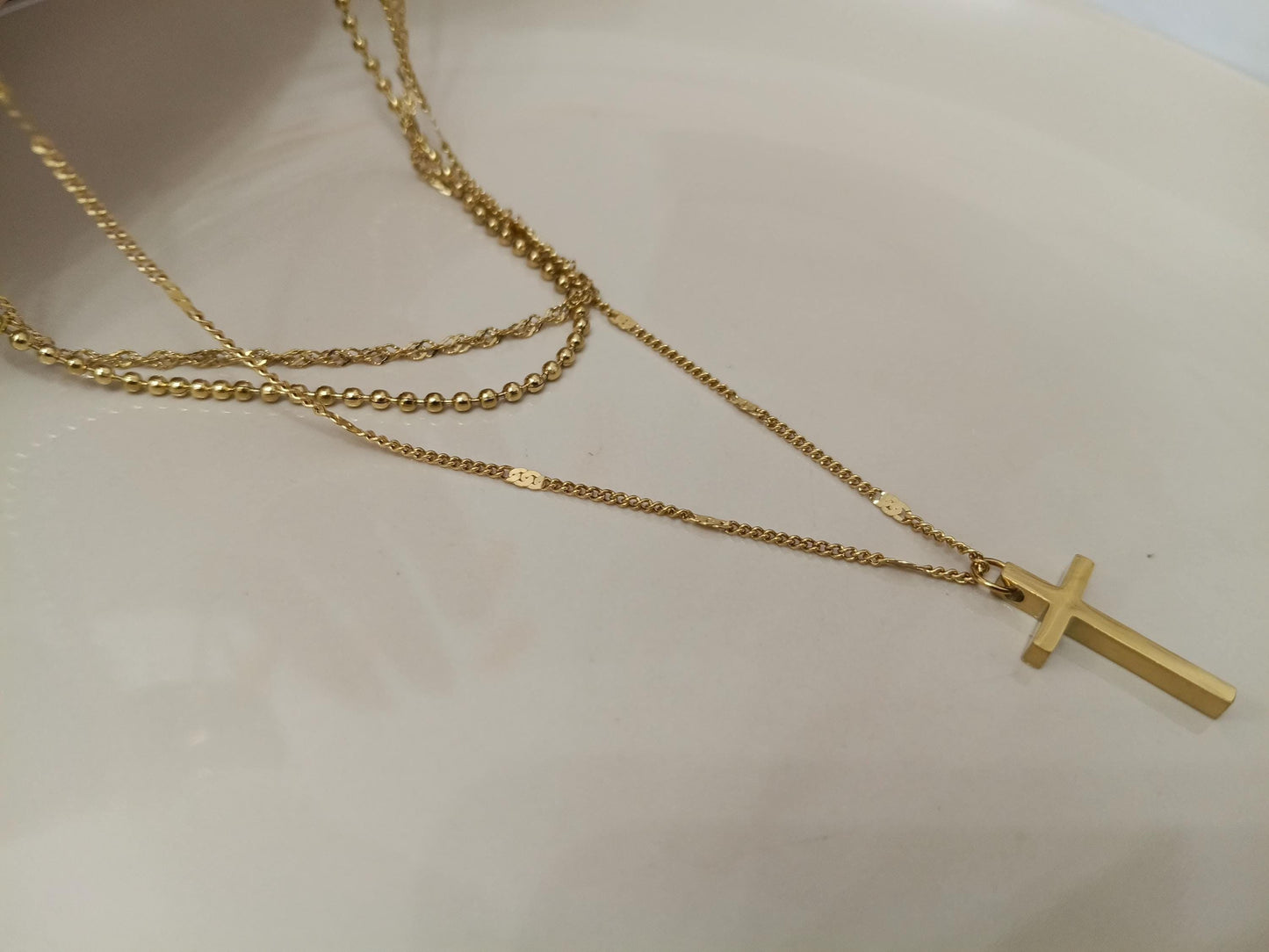 Collar Triple Capa Oro 18K Acero Inoxidable - Cadenas 40/45/50cm + Extension - Cruz Espejo regalo para ella