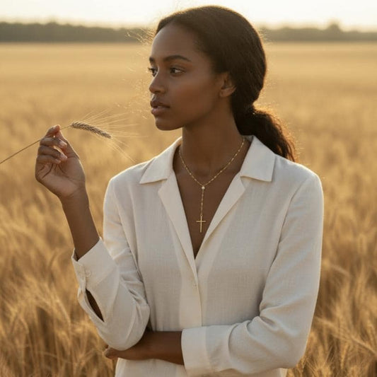 Collar Lariat Y de Labios Oro 18K Acero Inoxidable - colgante Cruz Espejo y Zircón Brillante - Regalo Elegante para ella