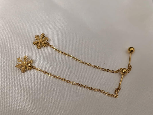 Pendientes de cadena larga Copo de nieve de acero inoxidable con baño de oro de 18K y acabado mate Cierre de rosca regalo para ella