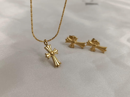 Conjunto de Collar de Cruz y Pendientes a juego Oro 18K - Acero Inoxidable, 45cm (17,6") regalo para ella