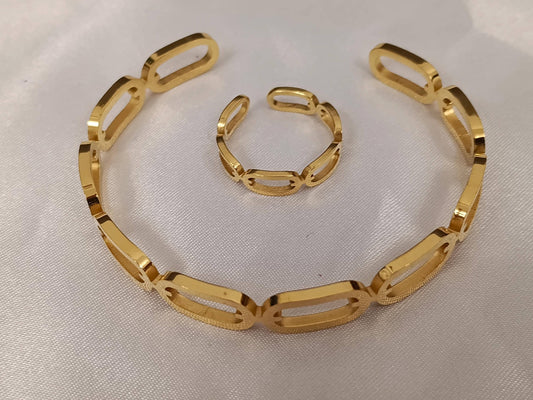 Conjunto de joyas Ajustable: Brazalete y Anillo Acero Inoxidable con Baño de Oro 18K (Efecto Espejo) regalos para ella