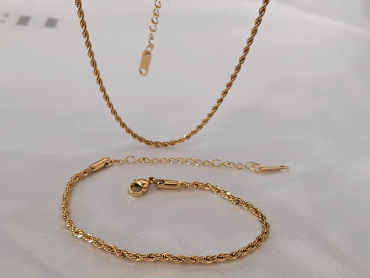 Conjunto de joyas Collar de cuerda de Acero Inoxidable Oro 18 y 40cm + Extensión 5cm 16"+2" con pulsera a juego para mujeres