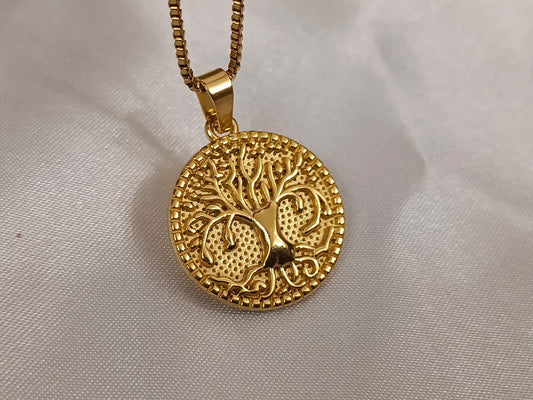 Collar Árbol de la Vida en Oro de 18K (PVD) - Medalla de Acero Inoxidable - 16" + 2" -40cm+5cm extension regalo para ella