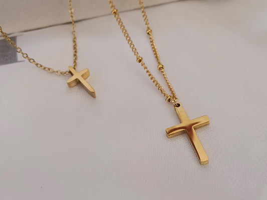 Collar cuentas de Acero Inoxidable Oro 18K colgante de Cruz Efecto Espejo para mujeres