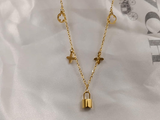 Collar Gargantilla Doble con Trébol y Candado Espejo en Oro 18K (PVD) - Acero Inoxidable para mujeres