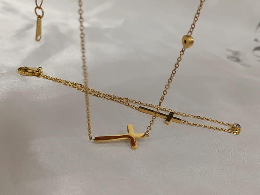 Conjunto de joyas acero inoxidable collar de acero inoxidable Cruz y circonia 40cm + Extensión 5cm 17.7"+2" con pulsera a juego para mujer