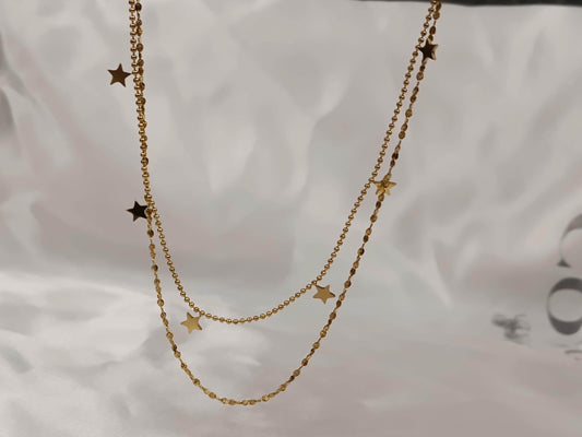 Collar doble cadena con Colgante extrellas en Oro 18K (PVD) - 16" + 2" Ajustable para mujeres