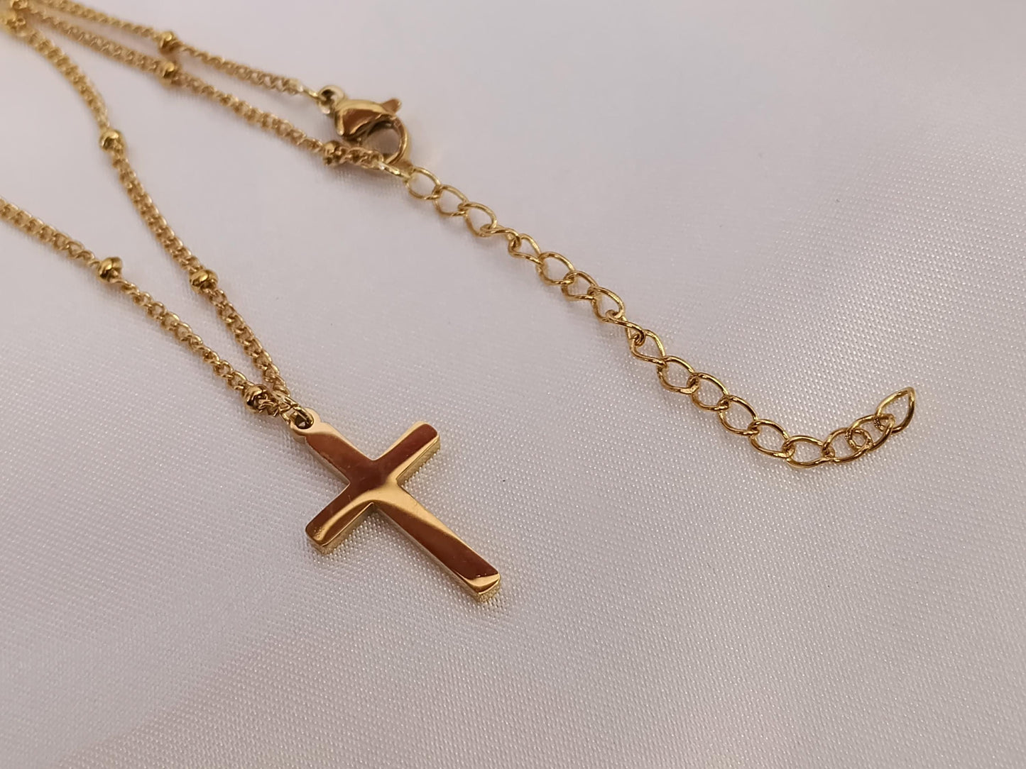 Collar cuentas de Acero Inoxidable Oro 18K colgante de Cruz Efecto Espejo para mujeres