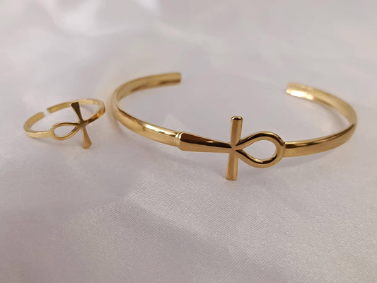 Conjunto de joyas: Brazalete y Anillo de cruz Ankh ajustables Acero Inoxidable con Baño de Oro 18K (Efecto Espejo) regalos para ella