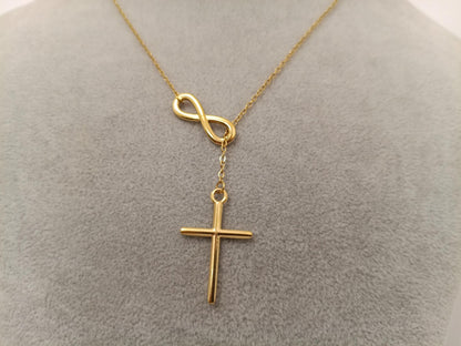 Collar Lariat Infinito y Cruz en Oro de 18K (PVD) - Acero Pulido Espejo - 18" 45cm para mujeres