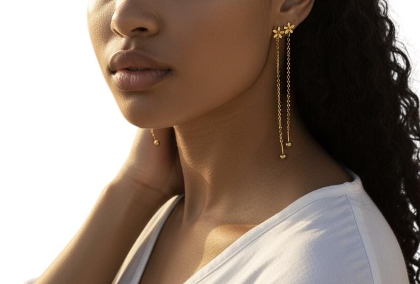 Pendientes largos de Flor (7cm) - Acero Inoxidable Bañado en Oro 18K con Cierre de Bola de Rosca para ella