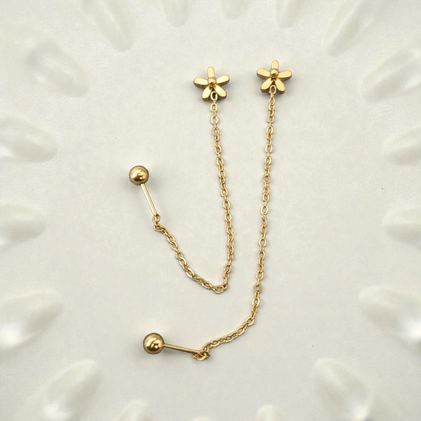 Pendientes largos de Flor (7cm) - Acero Inoxidable Bañado en Oro 18K con Cierre de Bola de Rosca para ella