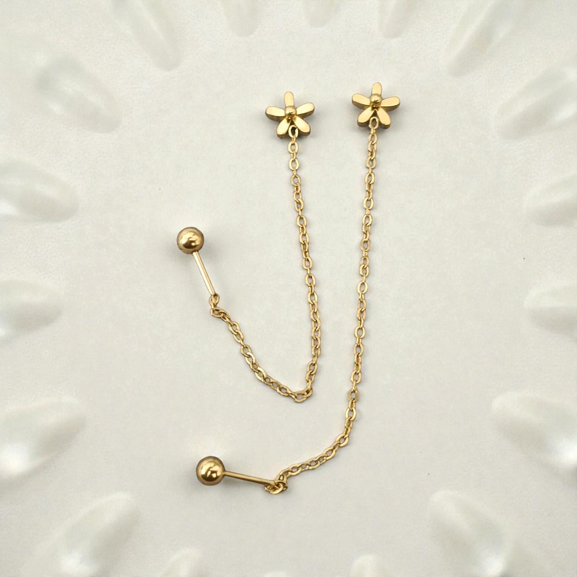 Pendientes largos de Flor (7cm) - Acero Inoxidable Bañado en Oro 18K con Cierre de Bola de Rosca para ella