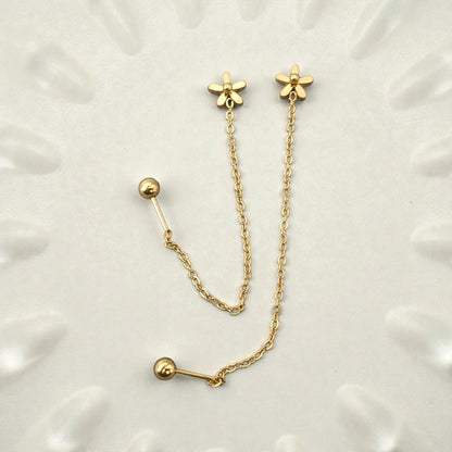 Pendientes largos de Flor (7cm) - Acero Inoxidable Bañado en Oro 18K con Cierre de Bola de Rosca para ella