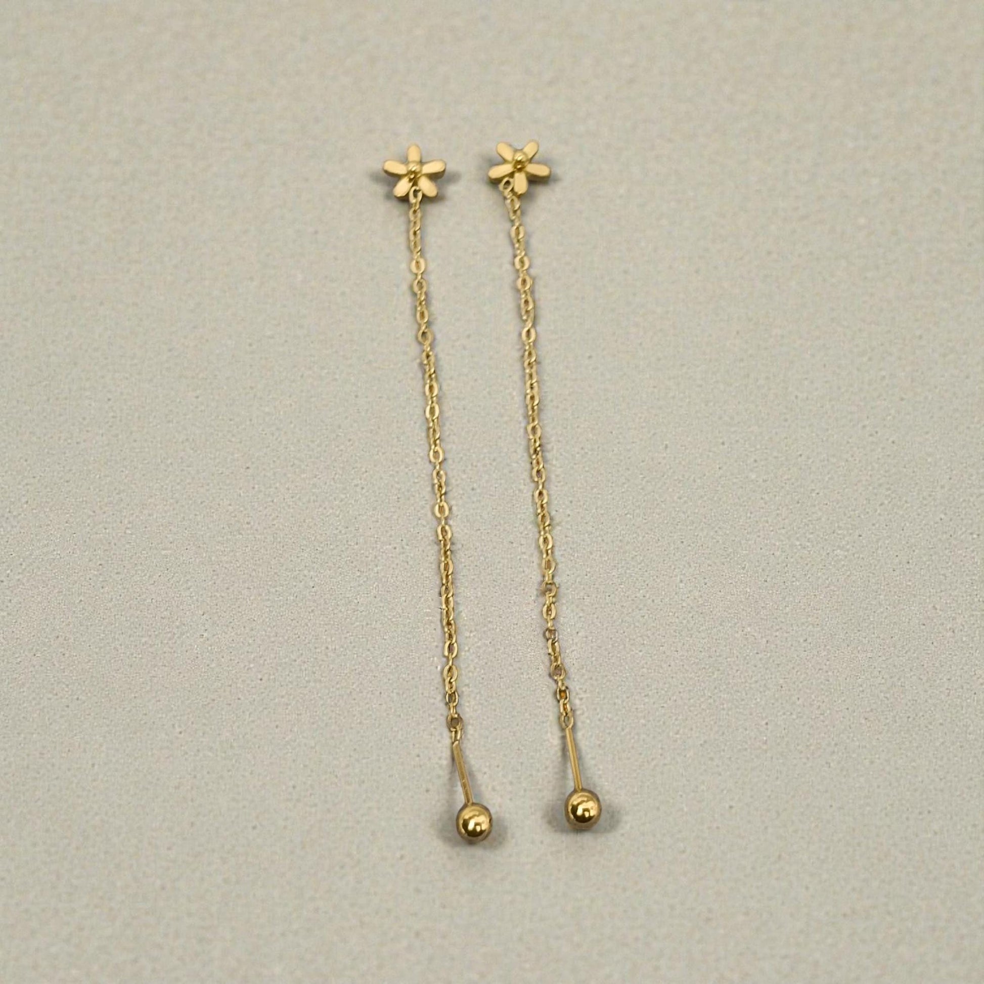 Pendientes largos de Flor (7cm) - Acero Inoxidable Bañado en Oro 18K con Cierre de Bola de Rosca para ella