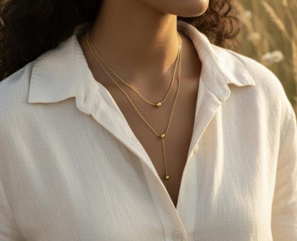 Collar Doble Capa en Y con Esferas Lisas - Acero Inoxidable Chapado en Oro 18K PVD para ella