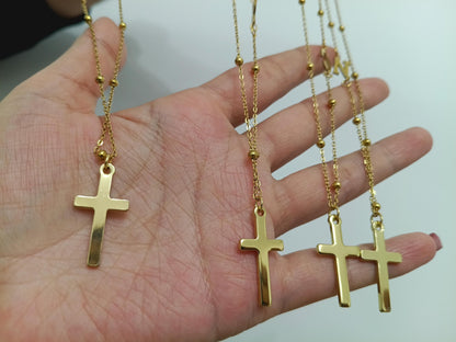 Collar de Acero Inoxidable con Baño de Oro 18K de 45cm - Colgante de Cruz Efecto Espejo y Dije de Letra Personalizable