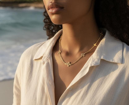 Collar Gargantilla de Acero Inoxidable Oro 18K - colgantes de Cruz Efecto Espejo - 45cm (17.7") para mujeres