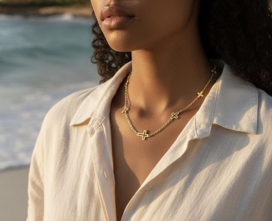 Collar Gargantilla de Acero Inoxidable Oro 18K - colgantes de Cruz Efecto Espejo - 45cm (17.7") para mujeres