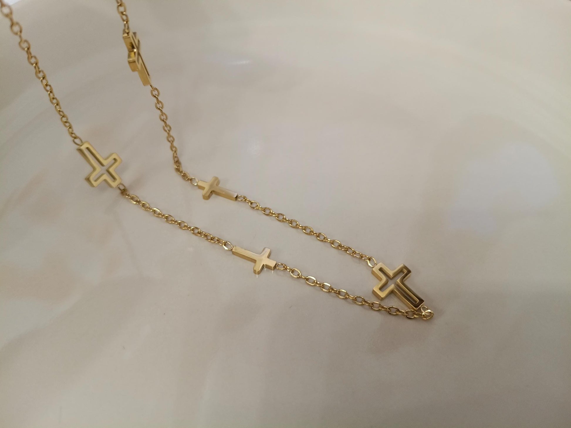 Collar Gargantilla de Acero Inoxidable Oro 18K - colgantes de Cruz Efecto Espejo - 45cm (17.7") para mujeres