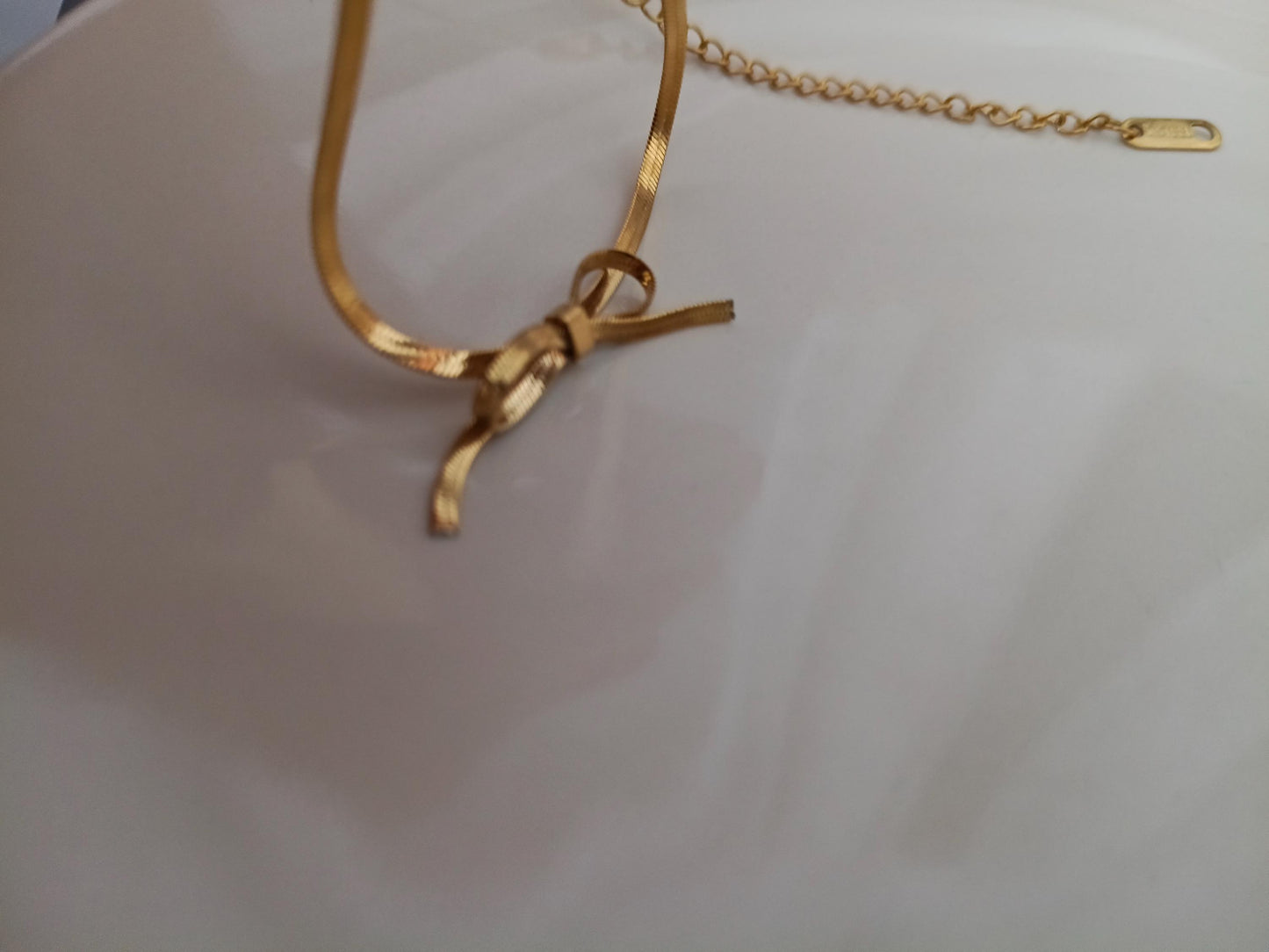 Gargantilla de Serpiente Plana Oro 18K con Dije de Lazo - Acero Inoxidable - 35cm + Extensión 5CM (14"+2") para chicas