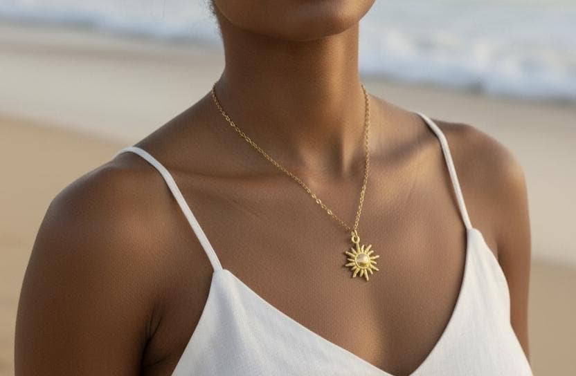 Collar de Acero Inoxidable Oro 18K - colgante de Sol Efecto Espejo - 45cm +5cm Extensión (17.7" + 2").