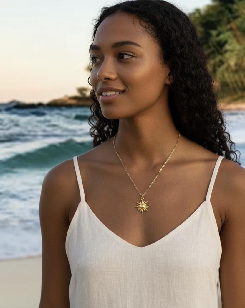 Collar de Acero Inoxidable Oro 18K - colgante de Sol Efecto Espejo - 45cm +5cm Extensión (17.7" + 2").