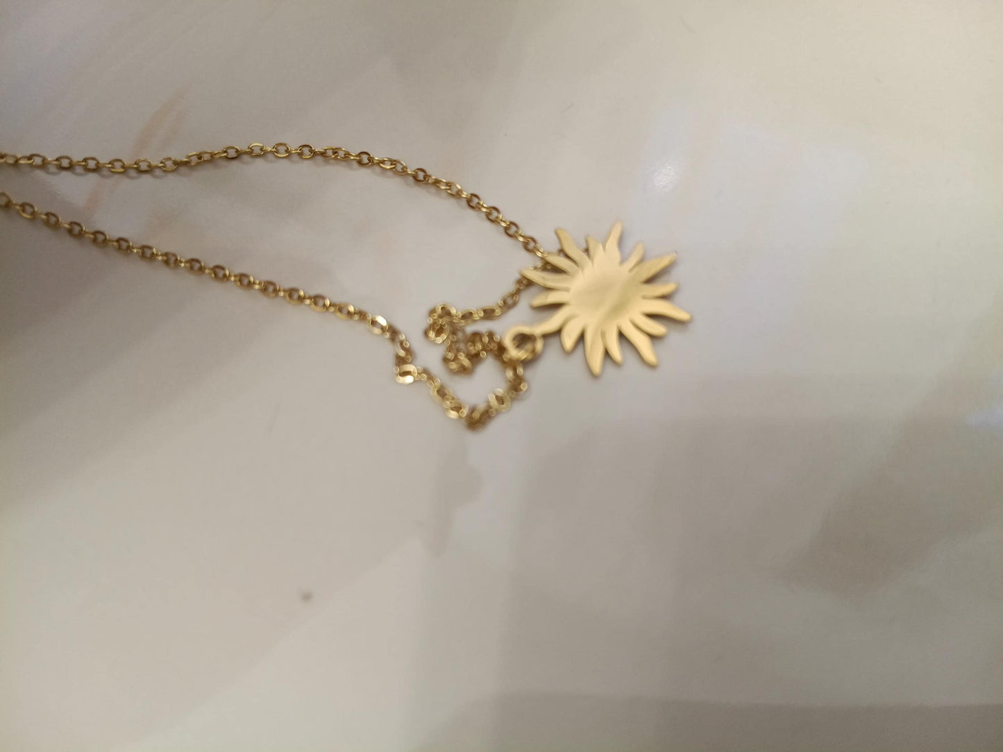 Collar de Acero Inoxidable Oro 18K - colgante de Sol Efecto Espejo - 45cm +5cm Extensión (17.7" + 2").