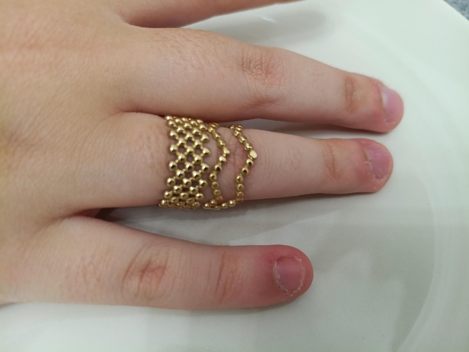 Set de Anillos Abiertos Ajustables de Acero Inoxidable Oro 18K - Anillo Ancho con Bolitas - Regalo para Ella