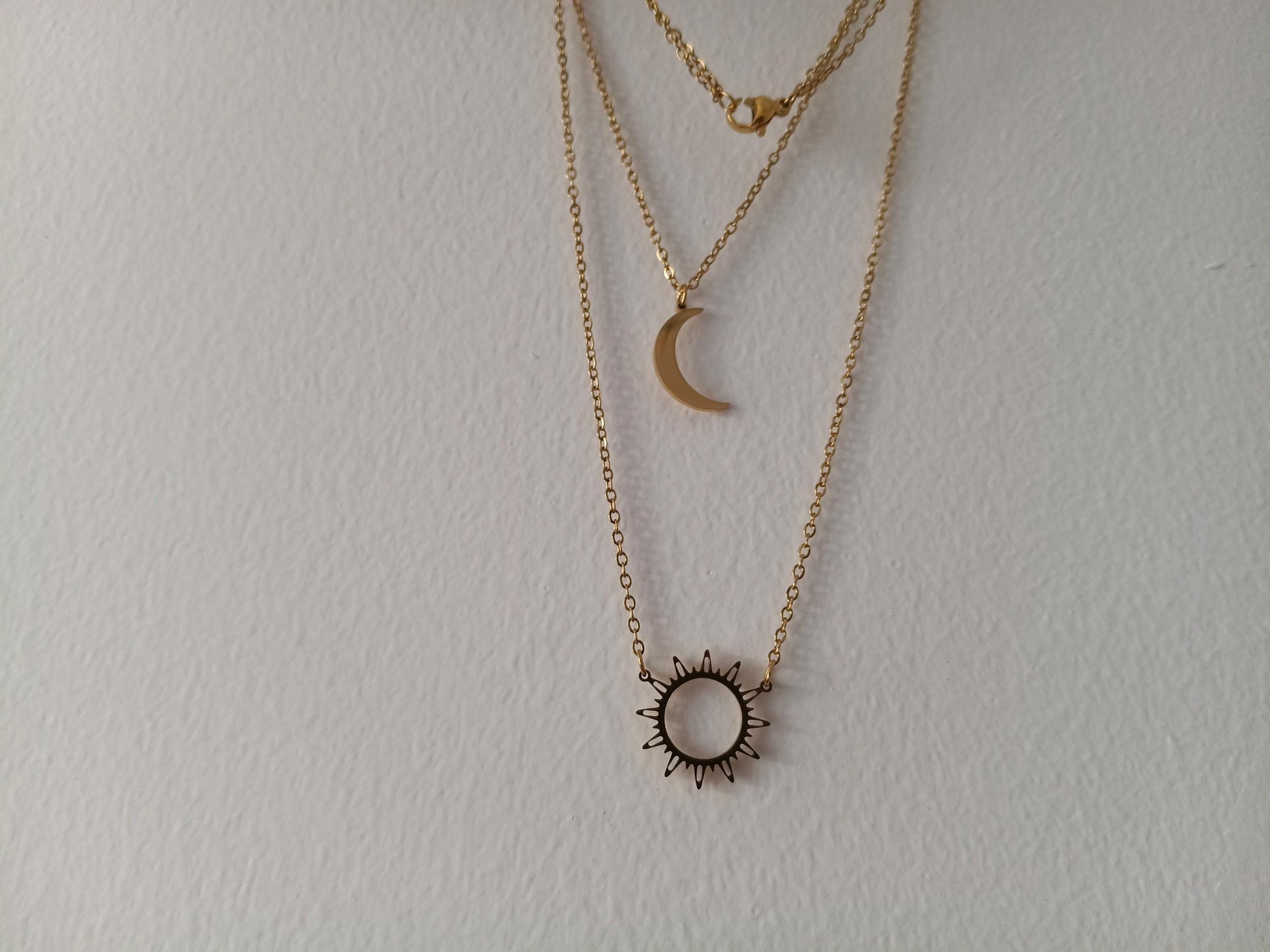 Collar Doble Capa Acero Inoxidable Oro 18K - colgantes Sol y Luna Efecto Espejo - 50cm + Ext (20"+2")