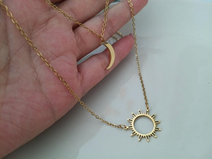 Collar Doble Capa Acero Inoxidable Oro 18K - colgantes Sol y Luna Efecto Espejo - 50cm + Ext (20"+2")