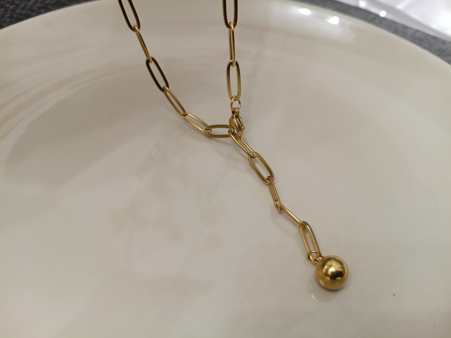 Collar largo Tipo Lariat (Y), cadena de paperclip de Acero Inoxidable Oro bañado 18K - 60cm 23.6" Ajustable - colgante para mujeres