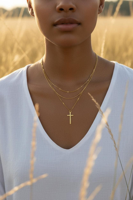 Collar Triple Capa Oro 18K Acero Inoxidable - Cadenas 40/45/50cm + Extension - Cruz Espejo regalo para ella