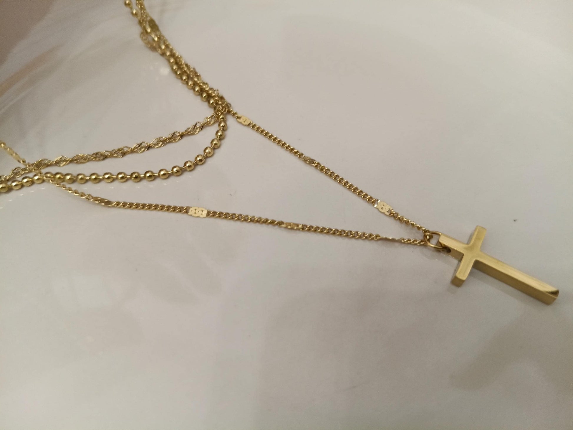 Collar Triple Capa Oro 18K Acero Inoxidable - Cadenas 40/45/50cm + Extension - Cruz Espejo regalo para ella