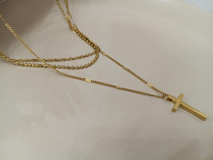 Collar Triple Capa Oro 18K Acero Inoxidable - Cadenas 40/45/50cm + Extension - Cruz Espejo regalo para ella