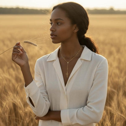 Collar Lariat Y de Labios Oro 18K Acero Inoxidable - colgante Cruz Espejo y Zircón Brillante - Regalo Elegante para ella