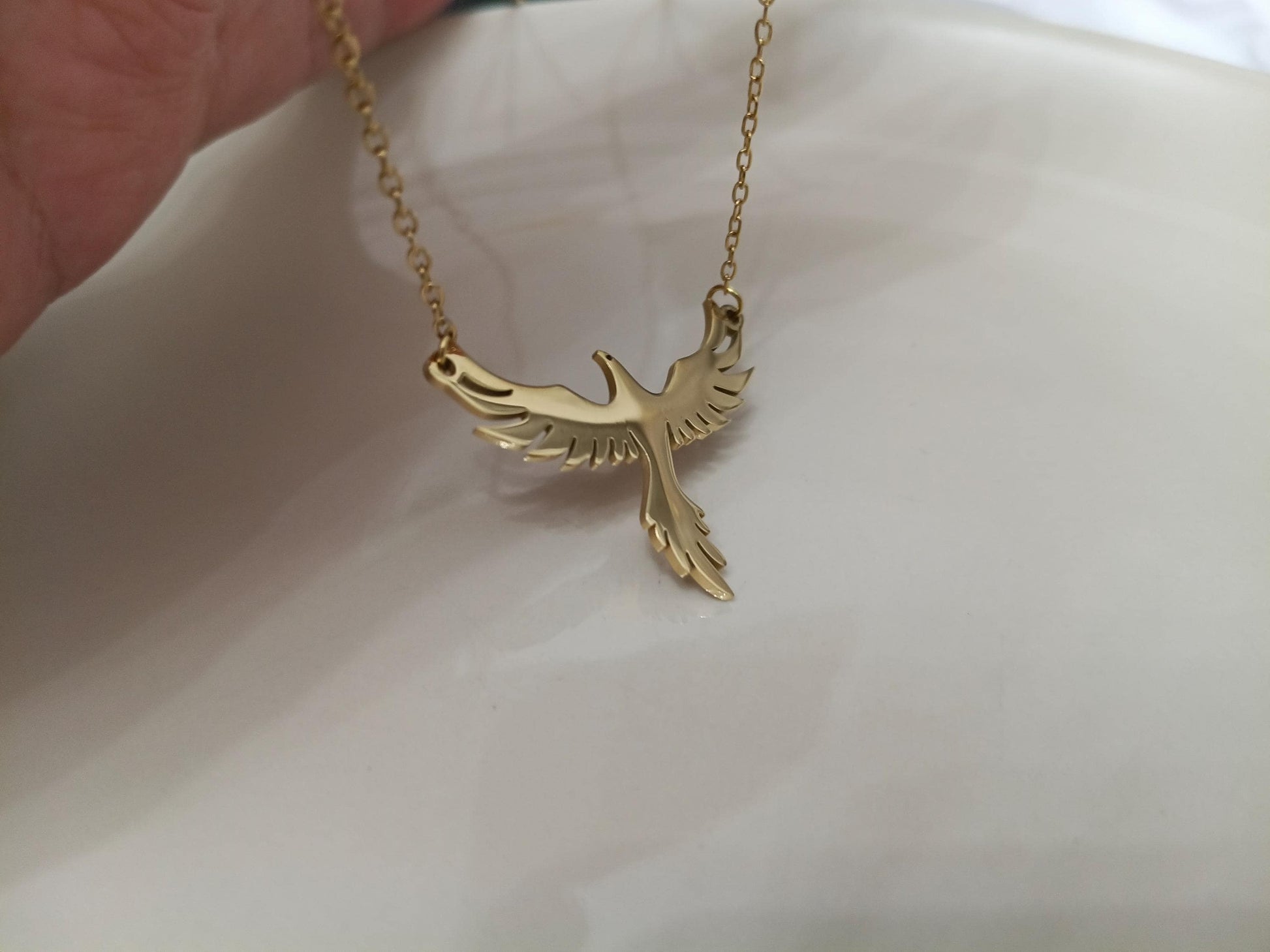 Collar de Acero Inoxidable Oro 18K - colgante Fénix Efecto Espejo - 45cm 17.7 pulgadas para ella