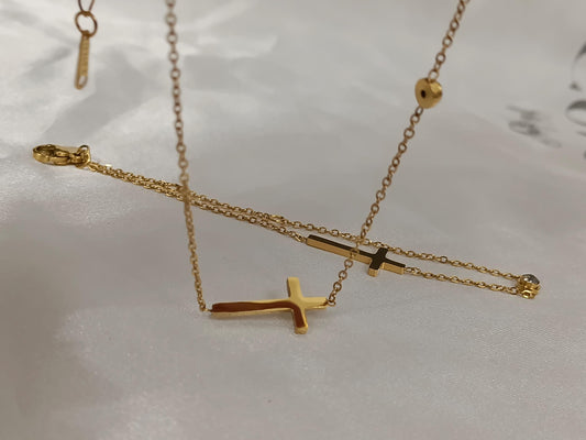 Conjunto de joyas acero inoxidable collar de acero inoxidable Cruz y circonia 40cm + Extensión 5cm 17.7"+2" con pulsera a juego para mujer