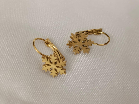 Pendientes de aro Copo de nieve de acero inoxidable con baño de oro de 18K y acabado espejo regalo para ella