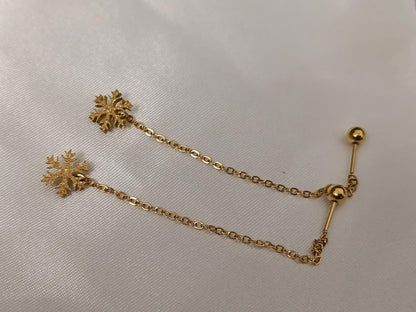 Pendientes de cadena larga Copo de nieve de acero inoxidable con baño de oro de 18K y acabado mate Cierre de rosca regalo para ella