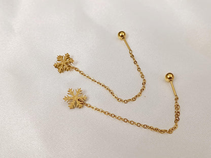 Pendientes de cadena larga Copo de nieve de acero inoxidable con baño de oro de 18K y acabado mate Cierre de rosca regalo para ella