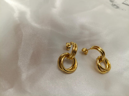 Pendientes de medio aro con colgante de doble círculo, acero inoxidable con baño de oro 18K estilo italiano regalo para ella