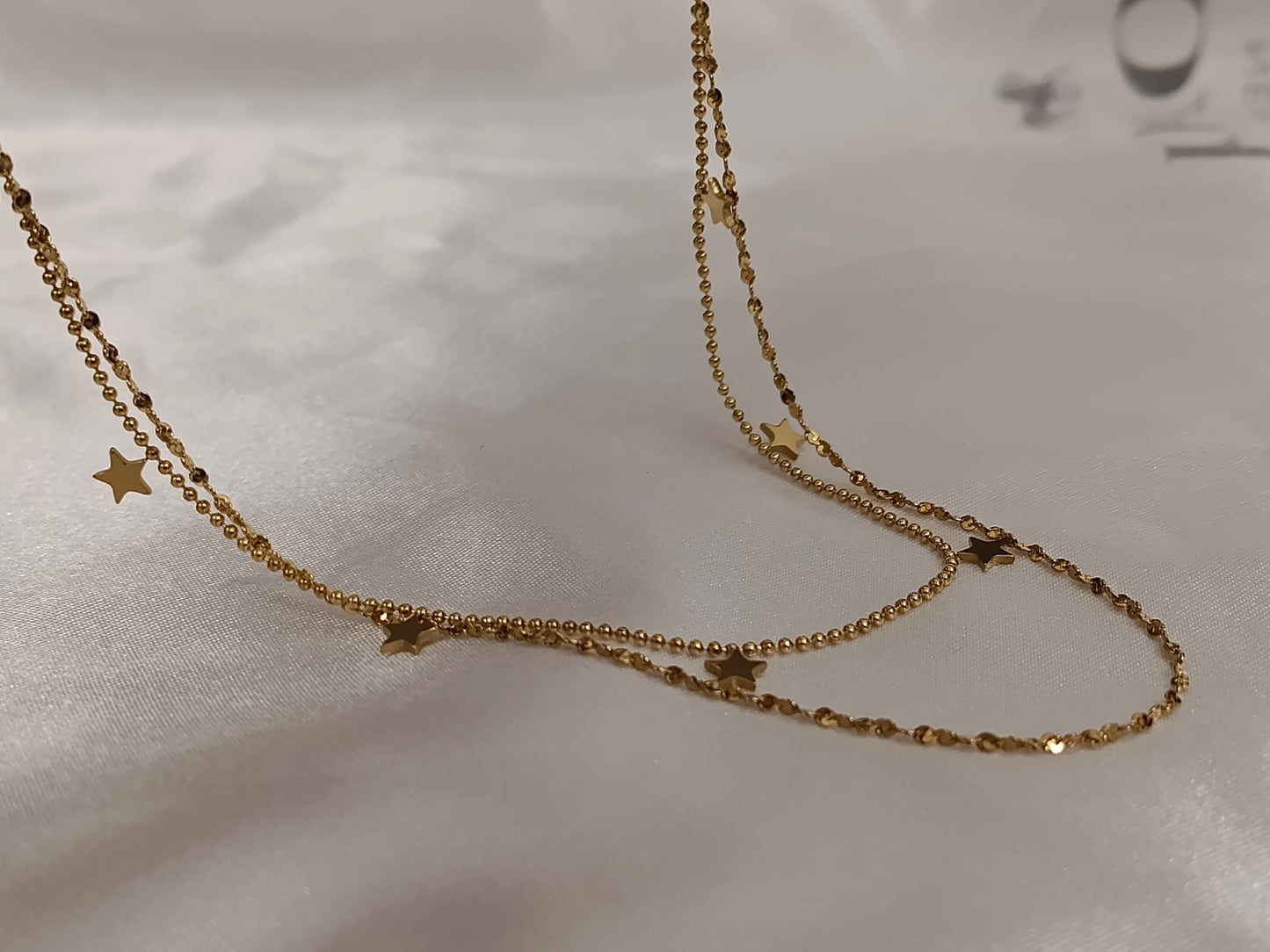 Collar doble cadena con Colgante extrellas en Oro 18K (PVD) - 16" + 2" Ajustable para mujeres