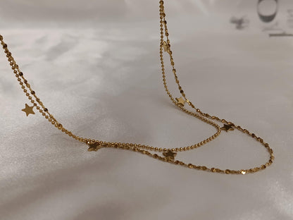 Collar doble cadena con Colgante extrellas en Oro 18K (PVD) - 16" + 2" Ajustable para mujeres