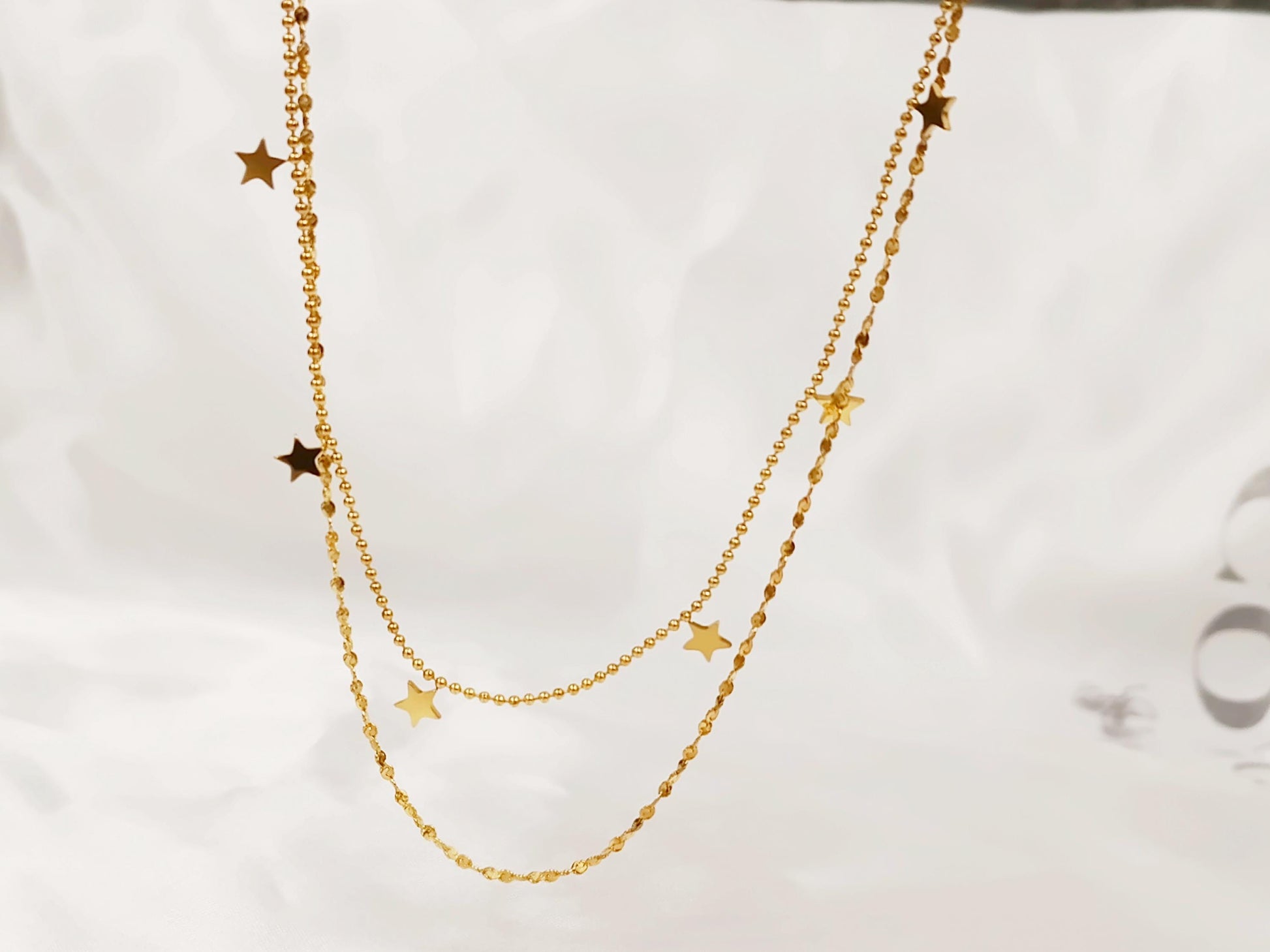 Collar doble cadena con Colgante extrellas en Oro 18K (PVD) - 16" + 2" Ajustable para mujeres