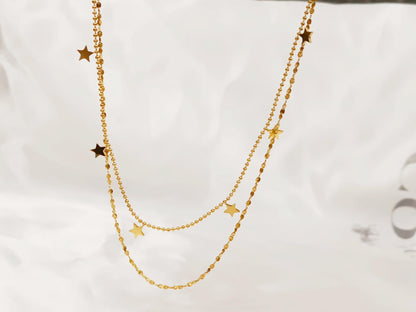 Collar doble cadena con Colgante extrellas en Oro 18K (PVD) - 16" + 2" Ajustable para mujeres