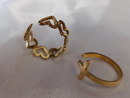 Set de Anillo Ajustable con corazon y cruz en Acero Inoxidable con Baño de Oro 18K regalos para ella